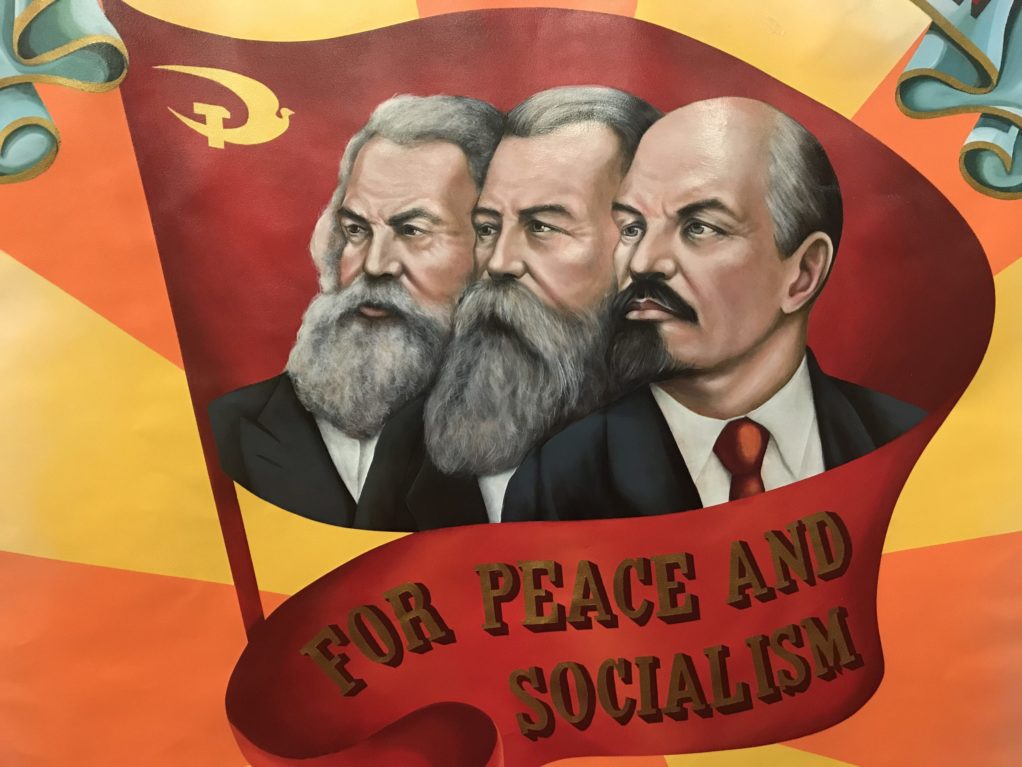 Banner depicting Marx Engels and Lenin